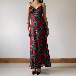 Victoria's Secret Vintage 1980’s 1990’s Red & Green Floral Slip Sheer gown